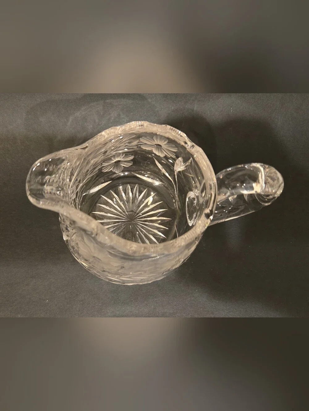 Etched Crystal Creamer Pitcher with Floral Cut Design